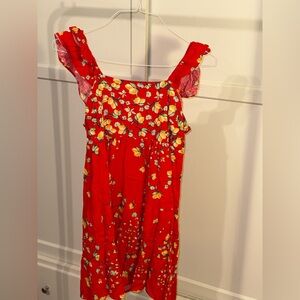 Red Floral Dress with Ruffle Sleeves